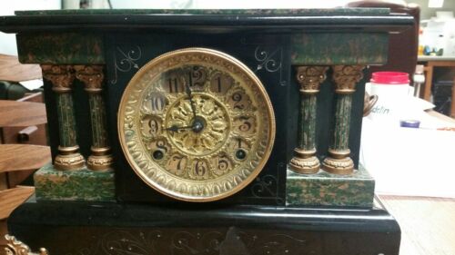 Antique Seth Thomas 4 Column Green Black Adamantine Mantle Clock RARE ***
