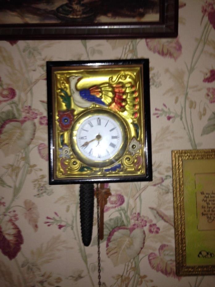 RARE HAND MADE BRASS FACE GERMAN ANTIQUE WALL CLOCK. PEACOCK &I FLOWERS