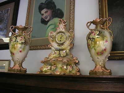 Lg Vtg Porcelain Mantle Clock Urn 4pc Set Good condition some crazing SEE PHOTOS