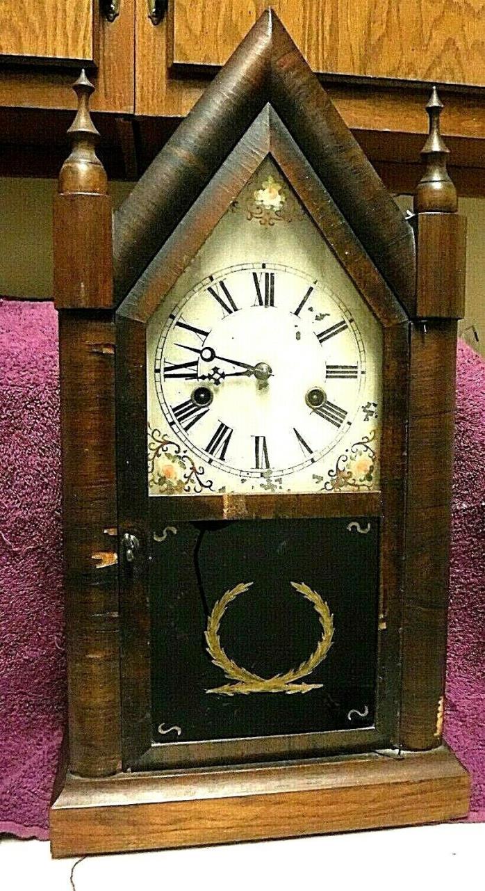 1800s en welch rosewood steeple clock working w/t key pendulum