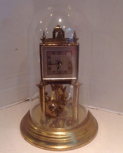 Antique German Brass Mantle Clock Square Face Glass Dome Wind Up