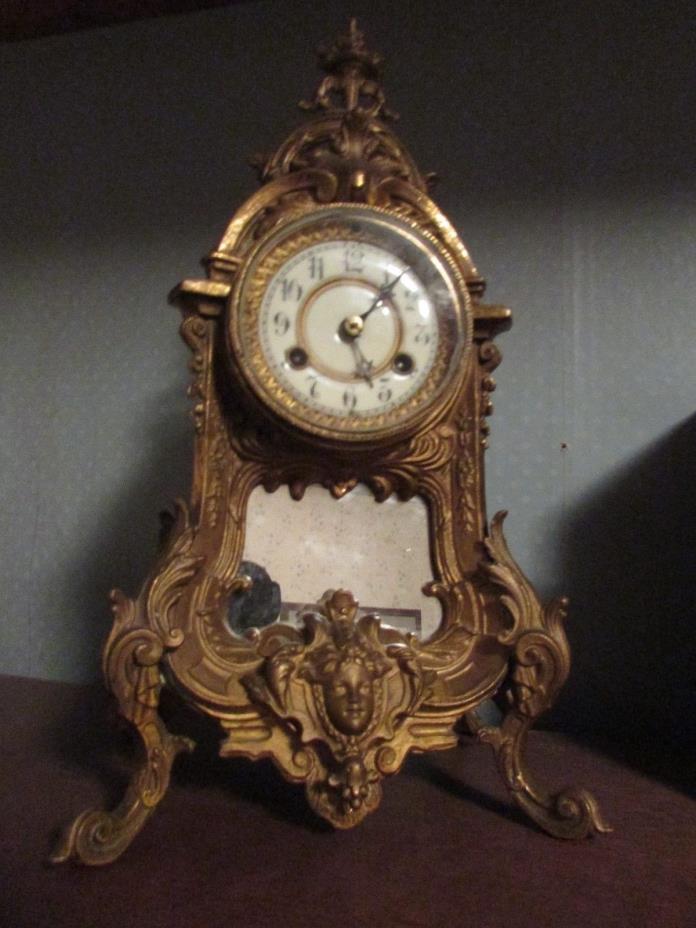 Waterbury mirror metal bust Mantel Clock gold gilt WORKING excellent condition!