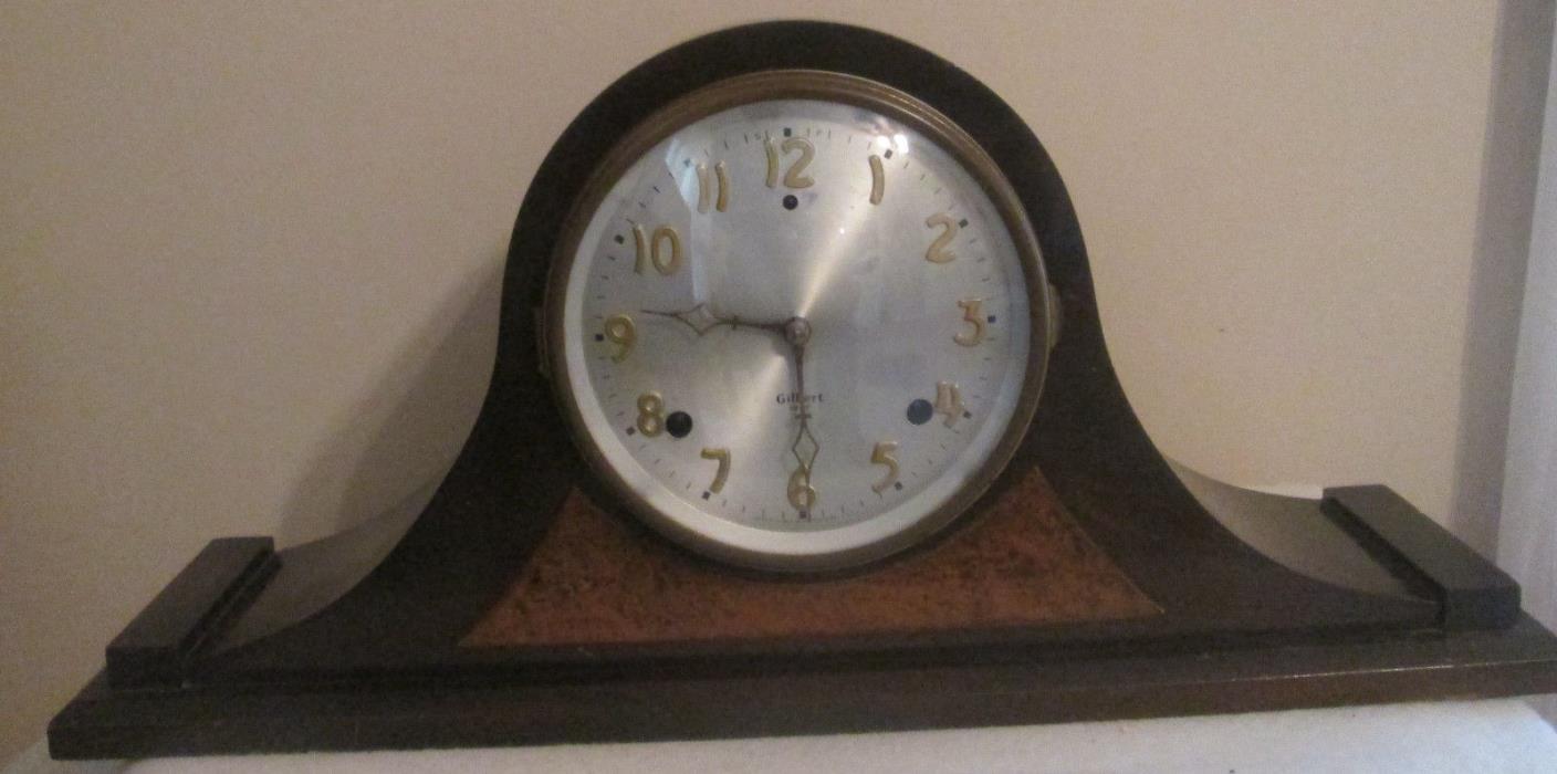 GILBERT TAMBOUR CAMEL BACK 8 DAY CHIMING MANTLE CLOCK RUNS WELL.