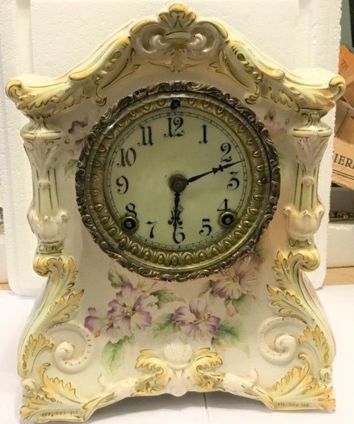 Antique Ansonia Accomac Porcelain Floral Mantel Clock