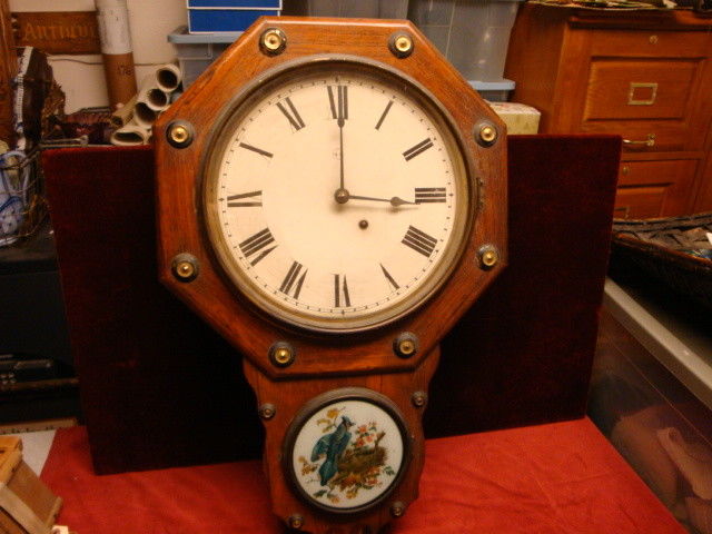 Antique Set Thomas Wall Clock Reverse Painting Blue Jay C.1860