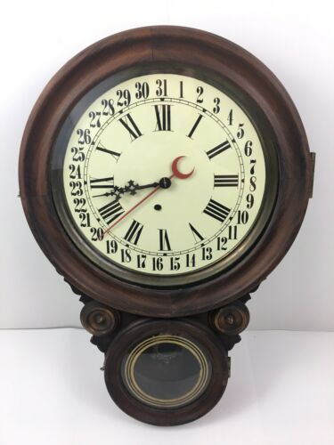 Antique Calendar Time Clock Wood Ingraham Eight 8 Day School House General Store