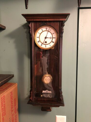 R-A GERMAN WOOD & GLASS Wall Clock. 26” High. Needs Repair. Fast Shipping!