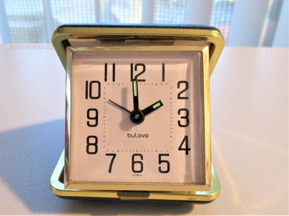 Vintage Bulova B-6112 Wind Up Travel Alarm Clock W/Glow Hands WORKING!