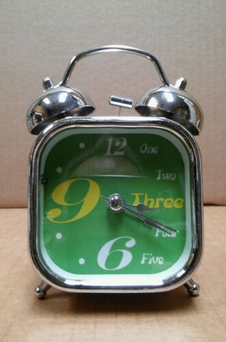 Retro 70s look square chrome metal double bell quartz alarm clock - works