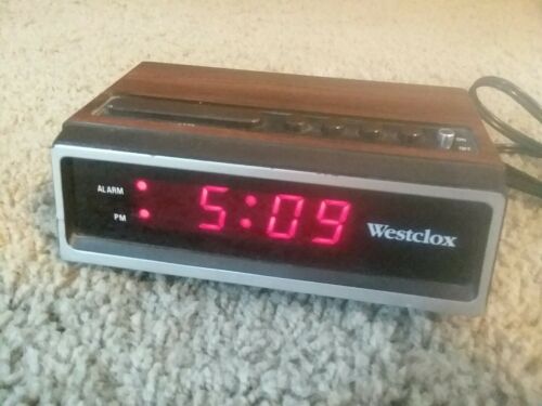 Sweet Vintage Alarm Clock, Wood Grain, Red LCD, Westclox Model 22651, Tested