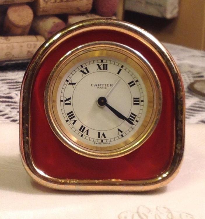Cartier Travel /Desk Alarm Clock Red Enamel W/gold Case included C on stand.