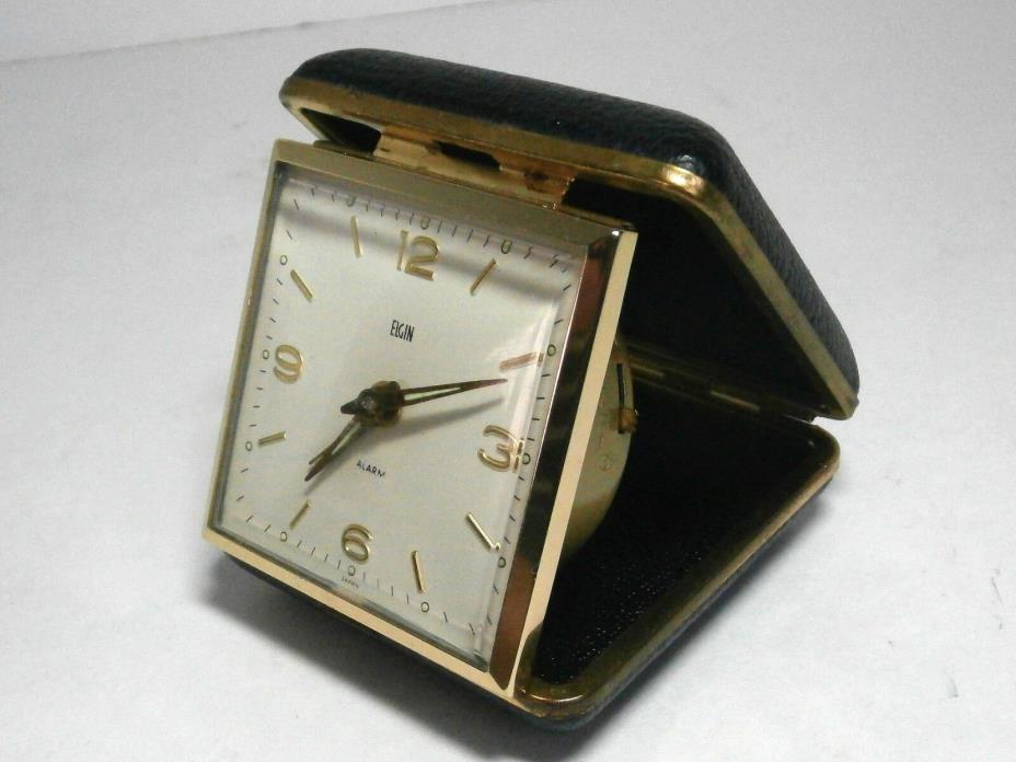 Vintage ELGIN Travel Alarm Clock Folding Windup Small Travelling Clock Japan
