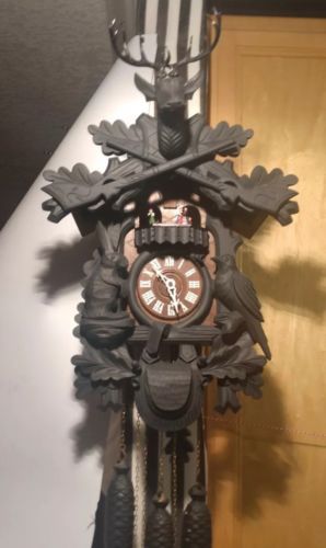 Vintage Huge Black Forest Working Musical Hunter Cuckoo Clock Wood Carving 8 Day