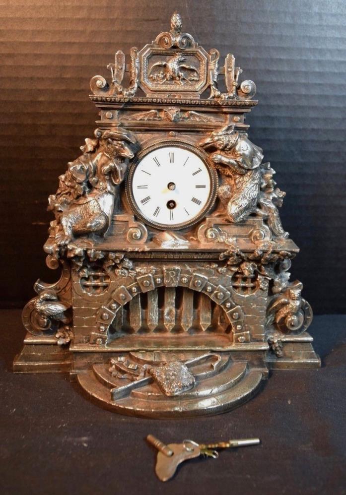 Unusual Black Forest Style Silverplate Clock