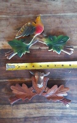 Pair vintage wood cuckoo clock topper painted flying bird stags head parts 8-9