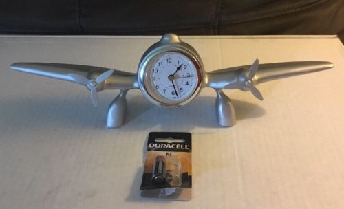 AVAITION METAL DESK CLOCK: APPROX 13” LONG: NEW BATTERY “WORKS”