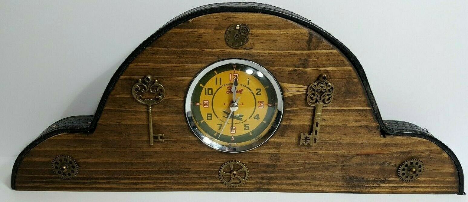 Fossil Airplane Mantal Clock Vintage Steampunk Wood Leather and Metal