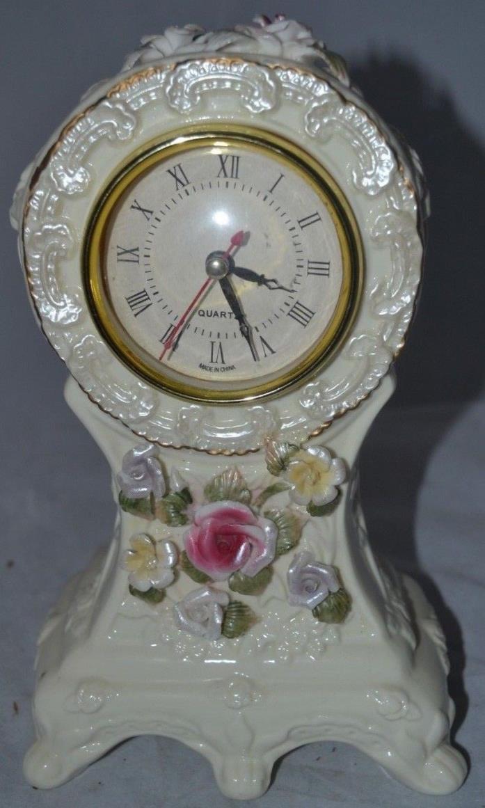 Porcelain Mantel Table Clock Flower Pink Works