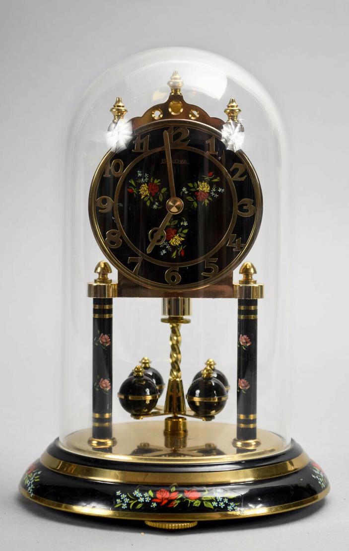 Vintage Bulova Anniversary Clock - Black Dial & Trim w/ Floral - Plastic Dome