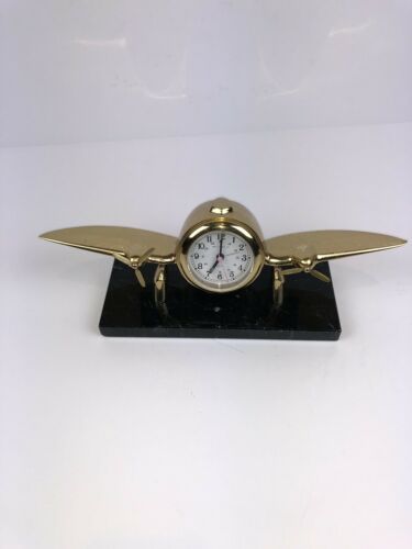 Bell Clock Co Art Deco Brass Mounted Airplane on Marble Base alarm battery op
