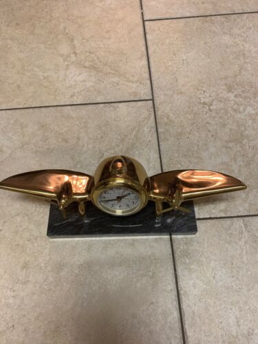 Bell Clock Art Deco Brass Mounted Airplane on Marble Base Mantel/Desk -READ