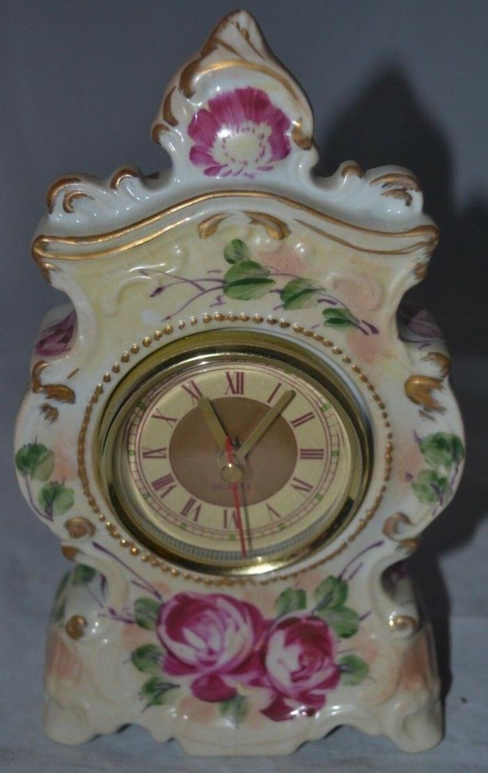 Porcelain Mantel Table Clock Rose Flower Works