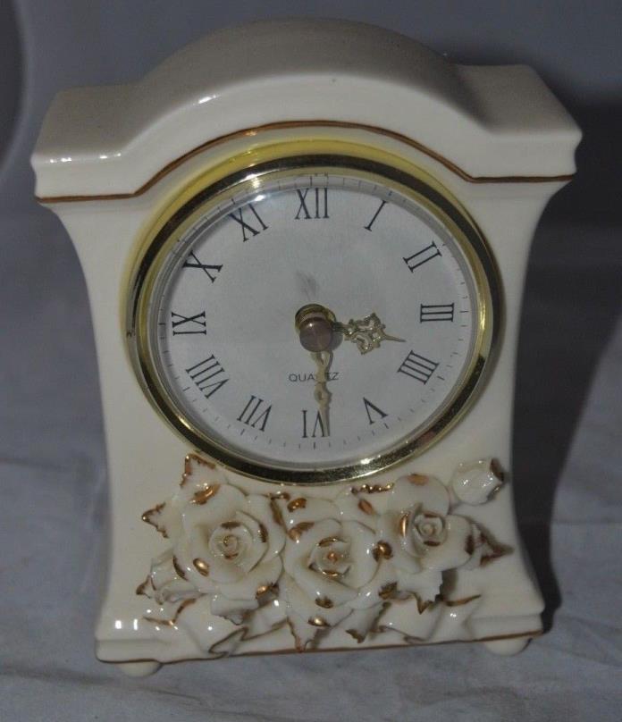 Porcelain Mantel Table Clock Gold Flower Works