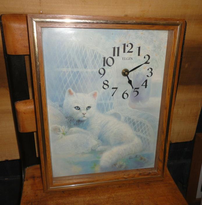 VTG Elgin Ruane Manning Cute White Kitty Cat With Wood Frame Wall Clock