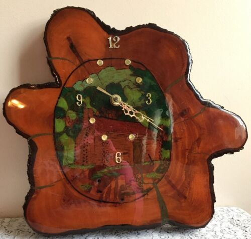Rustic Log Cabin Scene Cedar Wood Slab Raw Edge Lacquered Wall Clock Florida