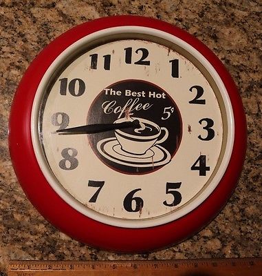 CLASSIC BEST HOT COFFEE 5 CENT METAL WALL CLOCK WORKS!