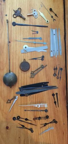 Lot Vintage Antique Clock Parts Pendulums Bobs Keys Hands