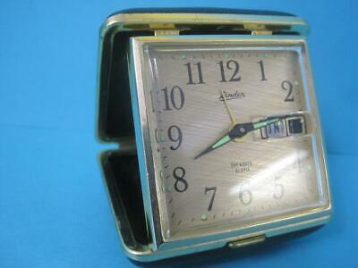 Vintage Linden Day Date Travel Alarm Clock Japan Tested & Working Black Leather