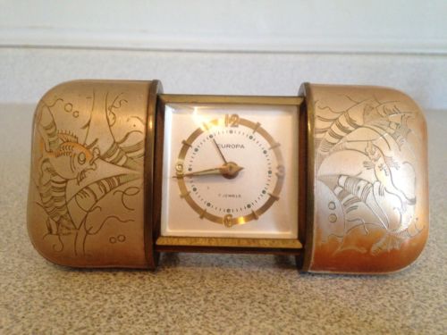 Vintage German EUROPA 7 Jewel Purse Clock, Collapsible & Asian Inscribed, Works