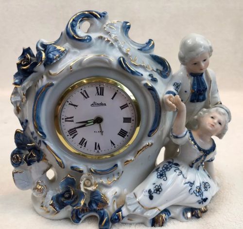 Vintage Linden Genuine Porcelain China Alarm Clock Made in Japan White and Blue