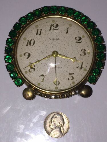 Vintage SEMCA 7 JEWELS Swiss Alarm Clock with Green Rhinestones Working Cond.