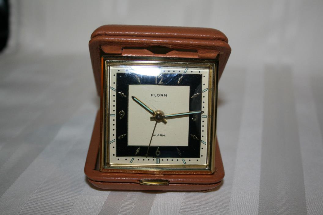 Vintage Florn Leather Covered  Travel Alarm Clock Made In Germany