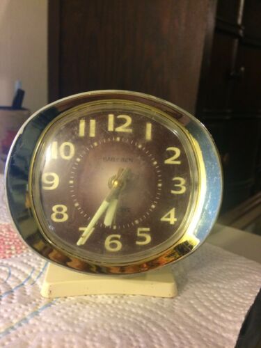 Vintage Westclox Baby Ben Alarm Clock Luminous Brown Face Cream & Gold USA