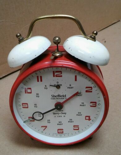 Vintage 1970 Sheffield Time Reader red/white twin bell alarm clock West Germany