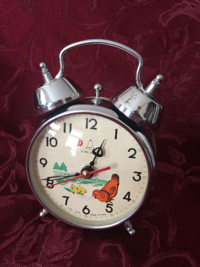 Vintage Soni Bell Alarm Clock - Pecking Rooster Animated