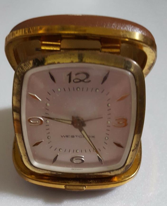 Vintage Travel Clock Westclox Wind up Made in Germany Cowhide Case Approx 3 x 3