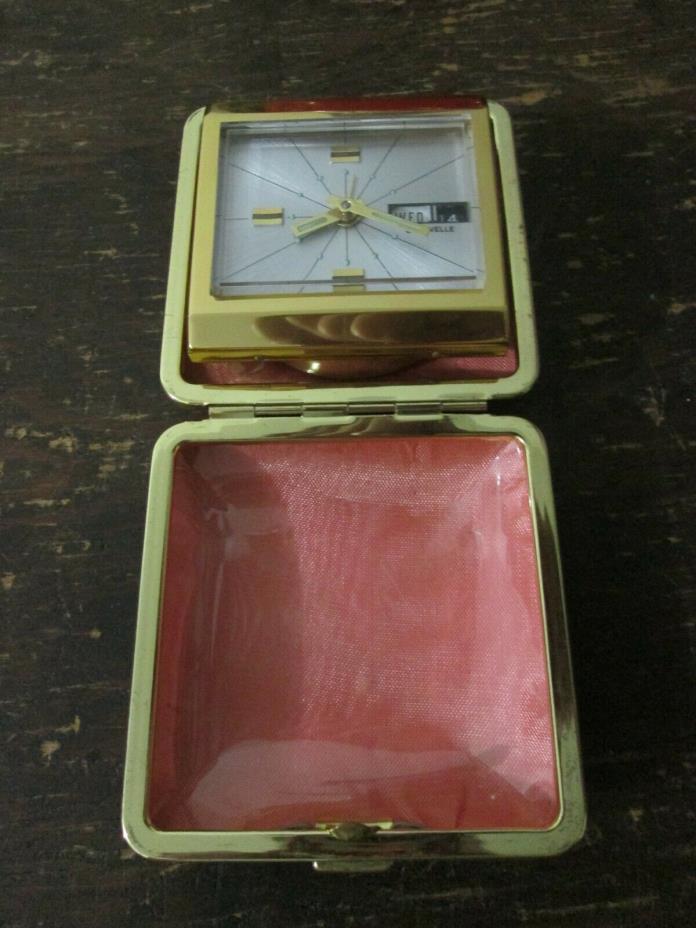 Vintage Caravelle Travel Alarm Clock Bulova Red Art Deco Wind-Up Folding Case