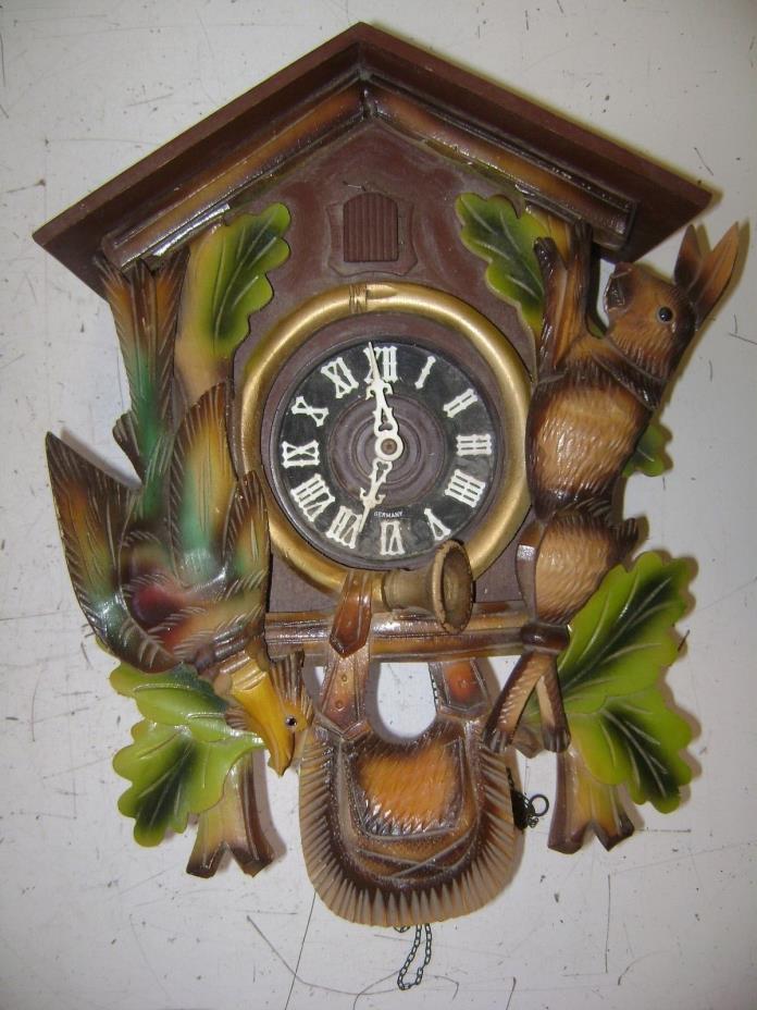 ANTIQUE VINTAGE OLD CUCKOO CLOCK GERMANY WOODEN PARTS RESTORE HUNTING RABBIT
