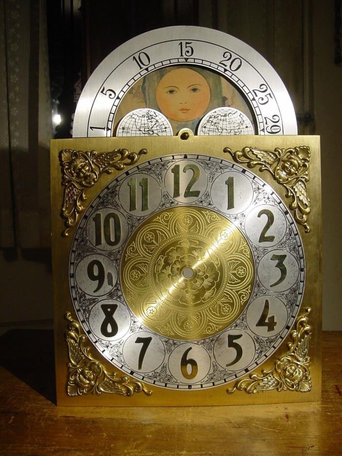 VINTAGE 1960's LARGE SOLID BRASS GRANDFATHER TALL CASE MOVING MOON CLOCK DIAL