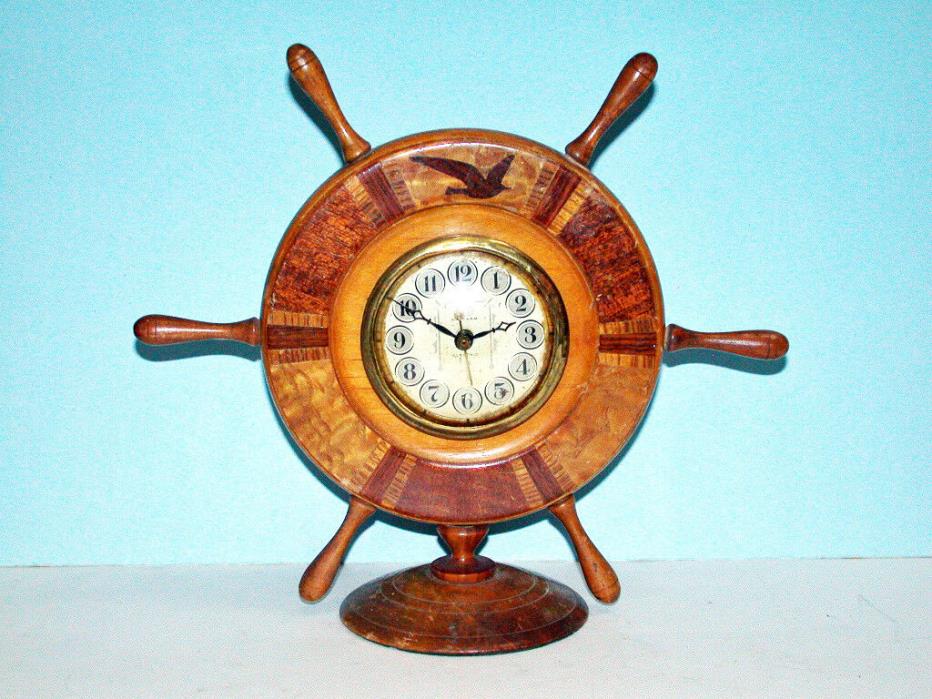 Vintage Waltham Clock in Handcrafted Inlaid Wood Ships Wheel