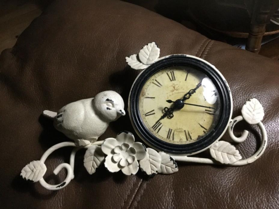 Vtg Clock metal bird Cafe Des Marguerites Paris shelf/desk Mantel Distressed