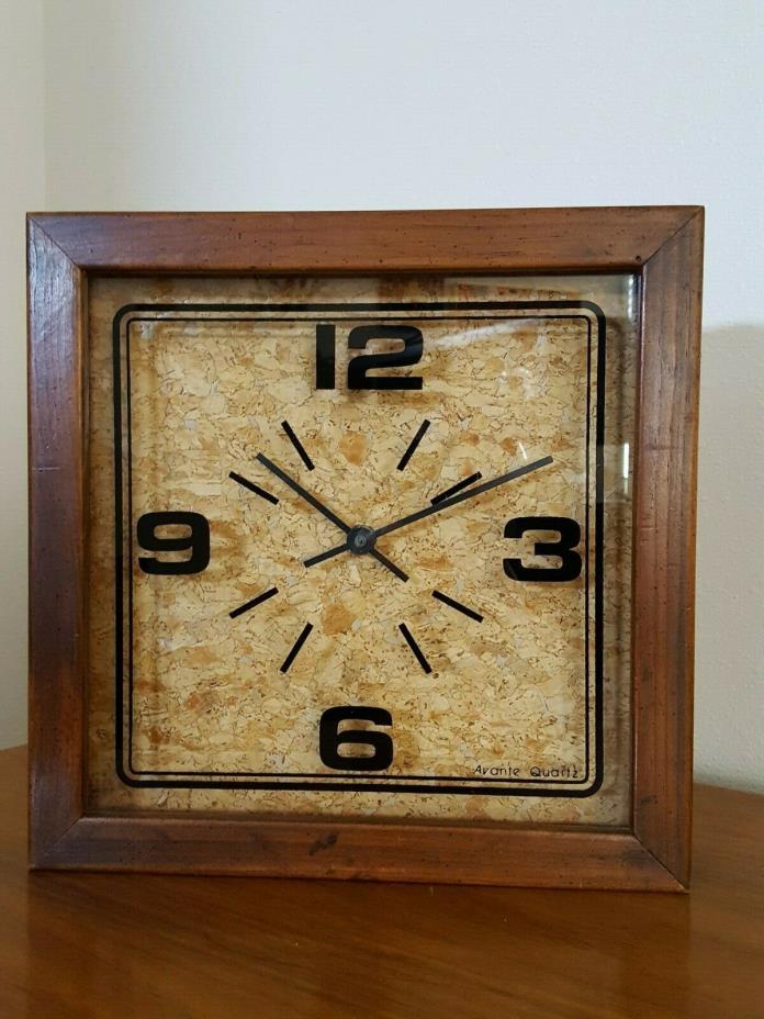 Vintage Mid Century Avante Wall Clock, Wood, Cork & Glass, Quartz Japan