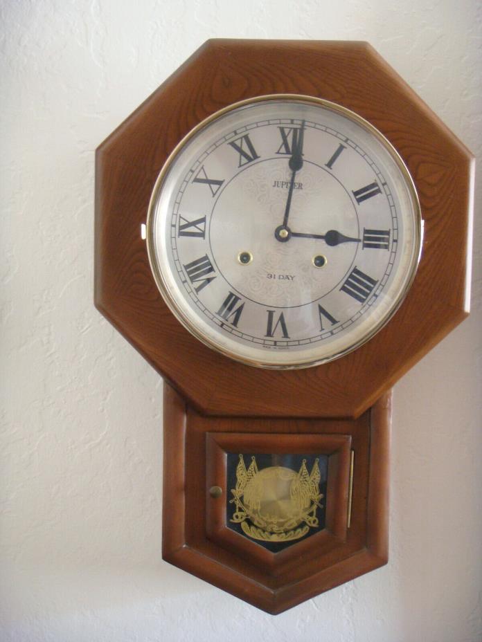 VINTAGE JUPITER  31 DAYS WOOD WALL CLOCK WITH PENDULUM AND CHIME-whit key