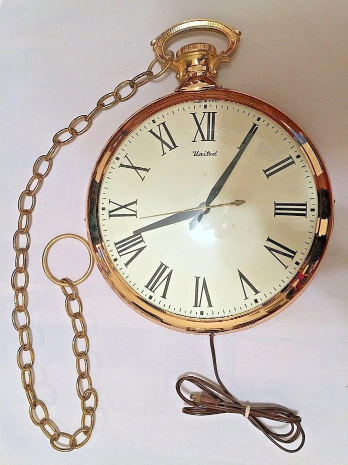 Vintage Mid Century Pocket Watch Wall Clock W/Chain United Clock Company USA