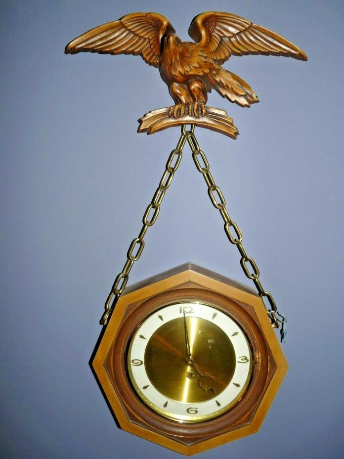Vintage 1950s Turner Wall Art Eagle with 8 Day Clock on Chains with Key WORKS!