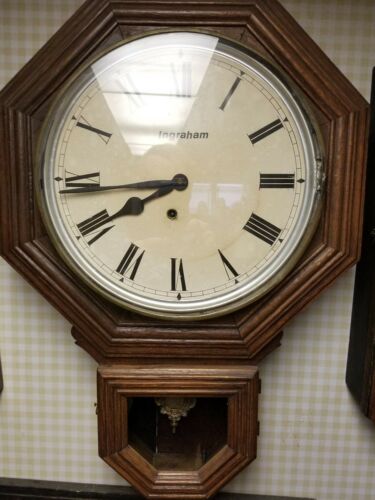 Vintage ingraham Regulator Wall Clock Octagon Key  Pendulum WORKS